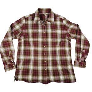 Duluth Trading Co Mens or Womens Large Free Swingin Burgundy Olive Plaid Flannel